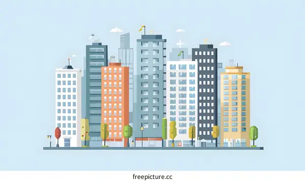 Modern Cityscape with Tall Buildings and Green Trees