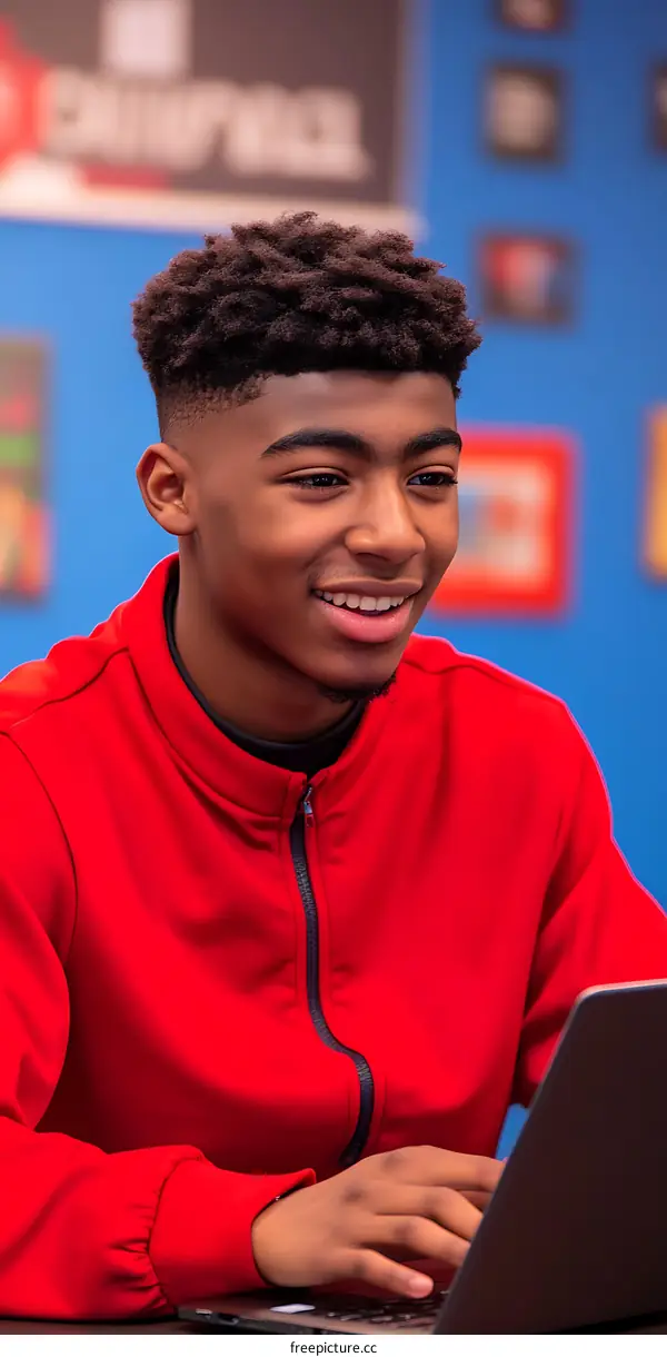 Smiling Young Man Working on Laptop