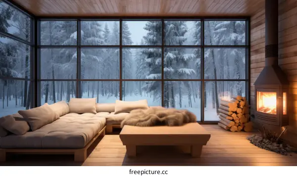 A cozy living room with a fireplace and a view of the snowy forest