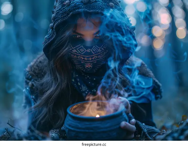 A witch in a blue cloak is holding a smoking cauldron in the woods