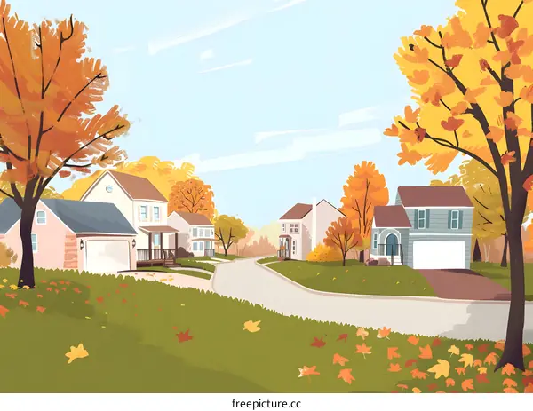 Autumn Landscape with Houses and Trees