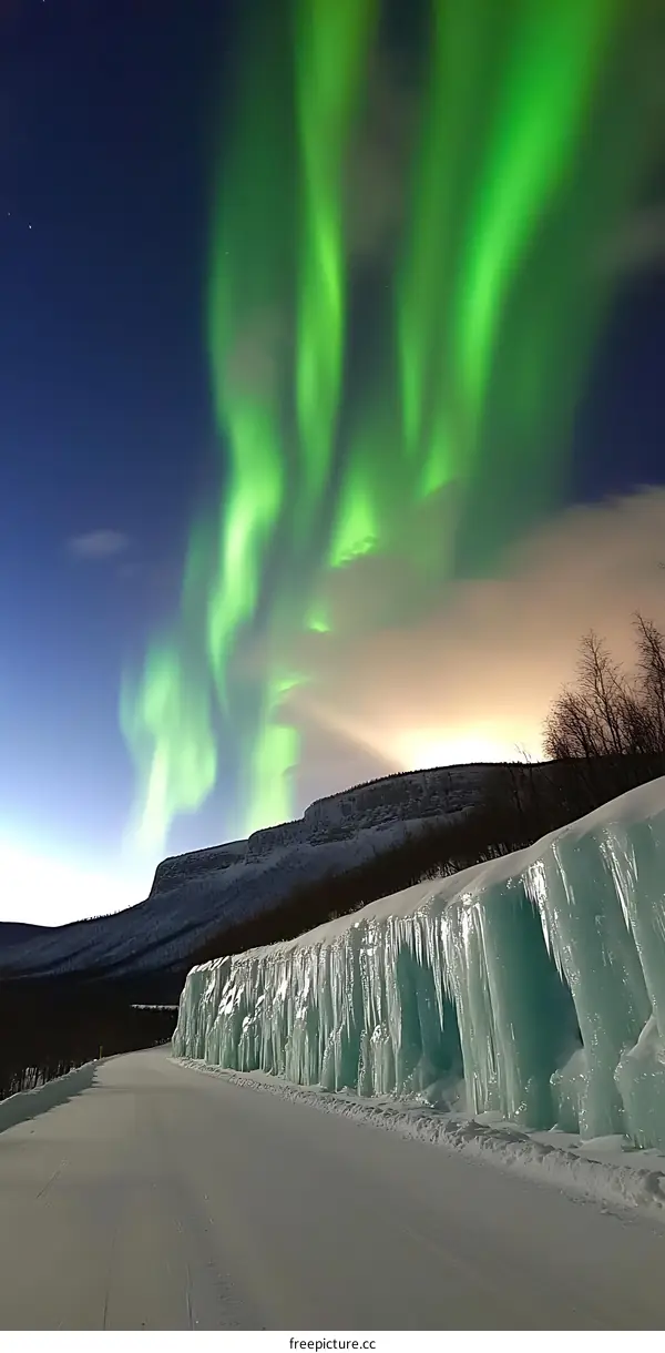 Northern Lights Over Ice Wall In Winter
