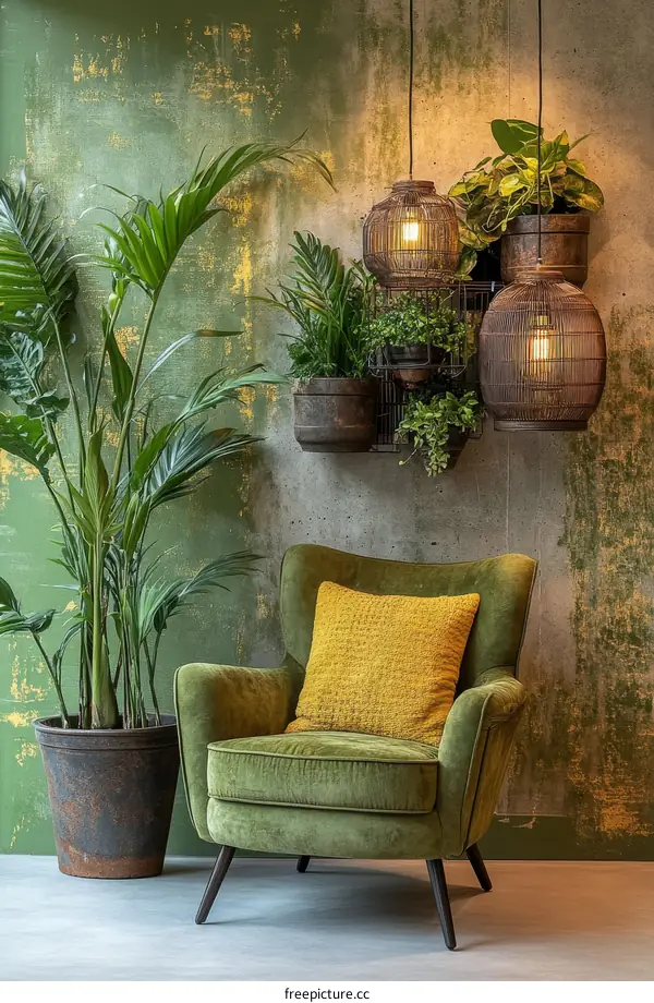 Green Living Room with Vintage Style Lamps and Plants