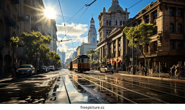 Vintage Tram in City Street with People Walking and Traffic