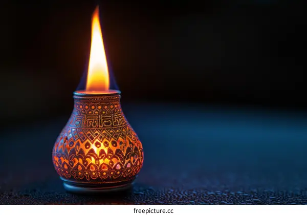 A beautiful diya lamp with a glowing flame against a dark blue background