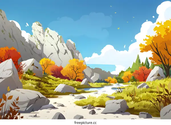 Autumn Landscape with Stream and Mountains