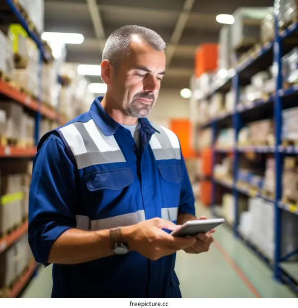 Warehouse worker using tablet to manage inventory