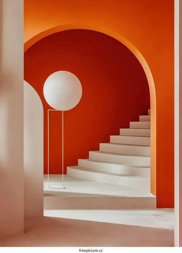 White Staircase with Orange Wall and Floor Lamp
