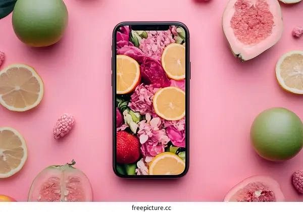 Phone Screen with Pink Flower and Lemon Background