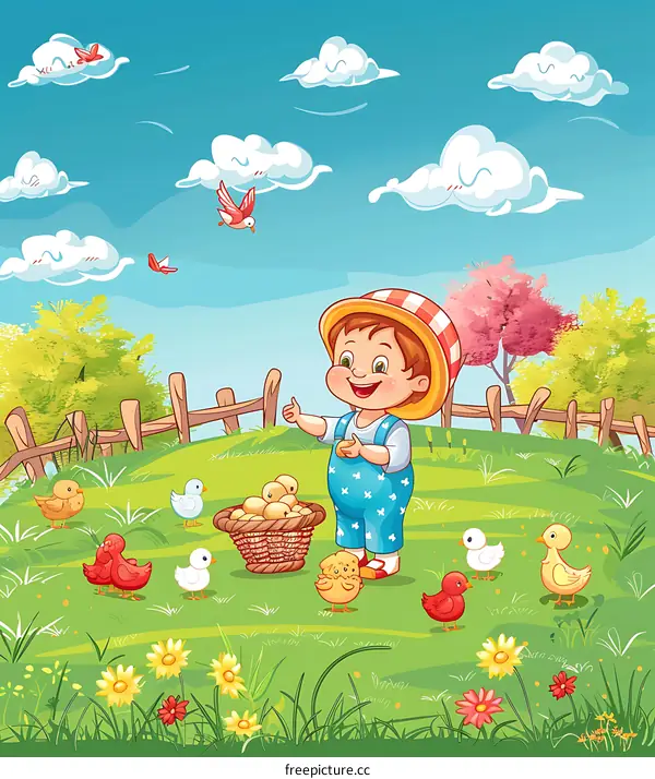 Happy Boy Feeding Baby Chicks in the Farm