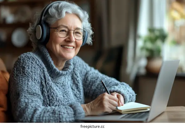 Smiling Senior Woman Learning Online