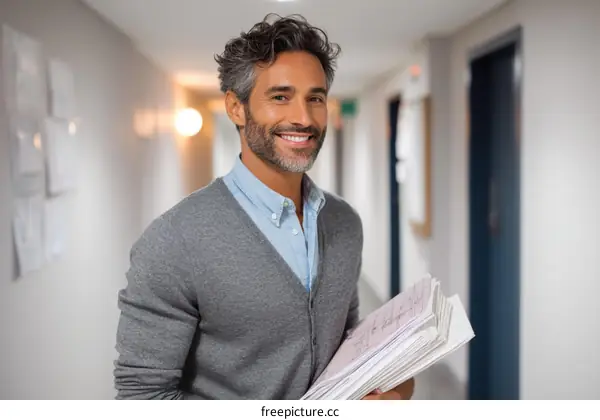 Smiling Caucasian Man Carrying Documents in a Corridor