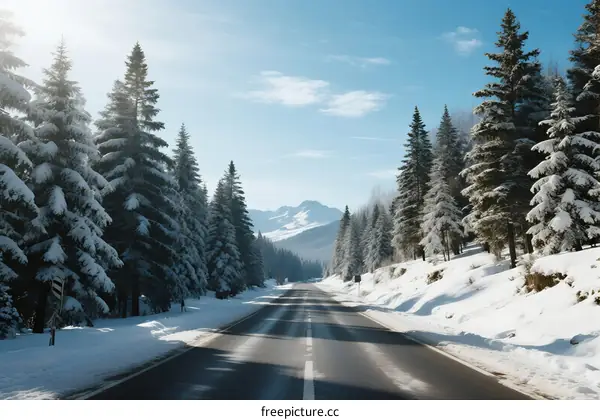 Snow-covered road with pine trees and distant mountains under clear sky