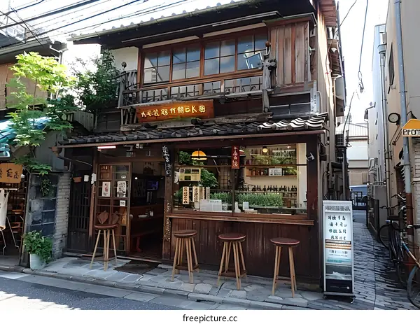 Traditional Japanese Wooden Building with Stools