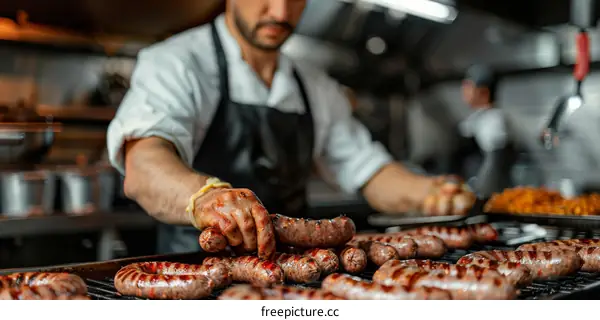 Chef is grilling sausages on the grill