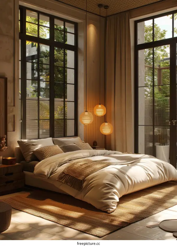 Modern Beige Bedroom with Large Windows and Warm Lighting