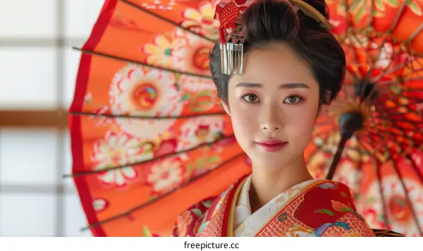 Japanese Woman in Traditional Kimono and Umbrella