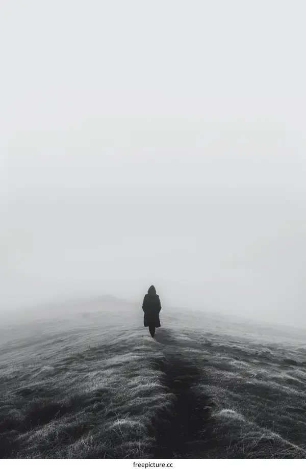 Black and white photo of a person walking alone in a foggy landscape