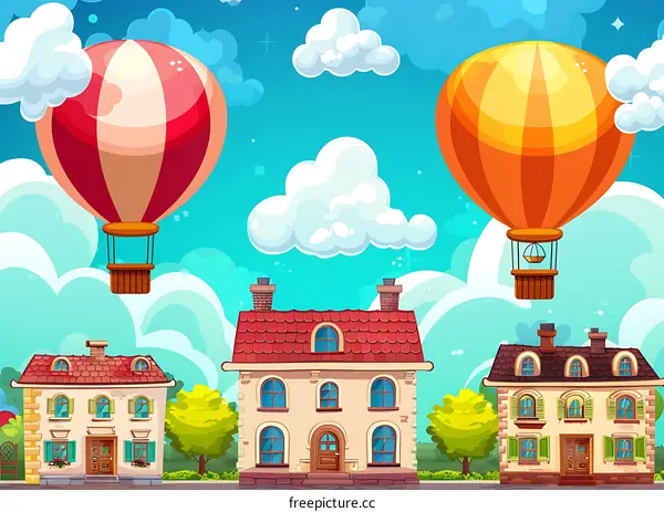Cartoon Illustration of Houses with Hot Air Balloons in the Sky