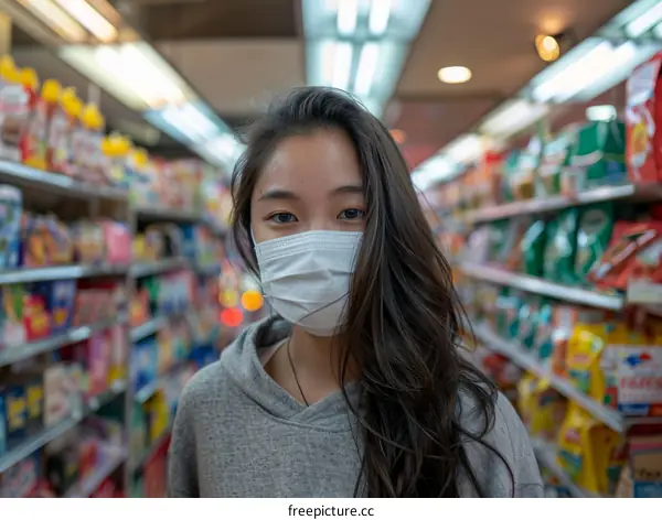 Asian woman wearing a mask in a grocery store