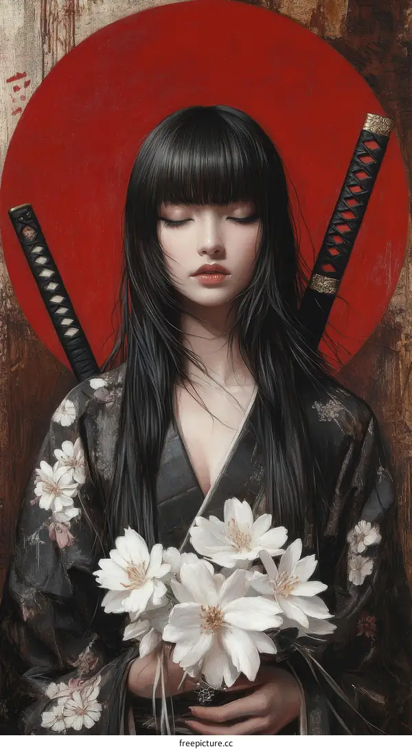 Elegant Japanese Woman in Kimono with Flowers and Swords