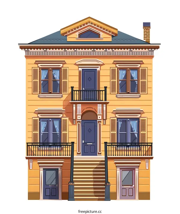 Yellow Three Story House with Balcony and Steps