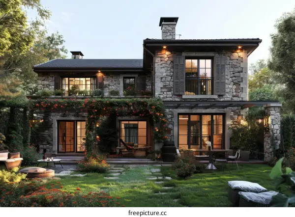 European Stone House with Two Stories and Garden