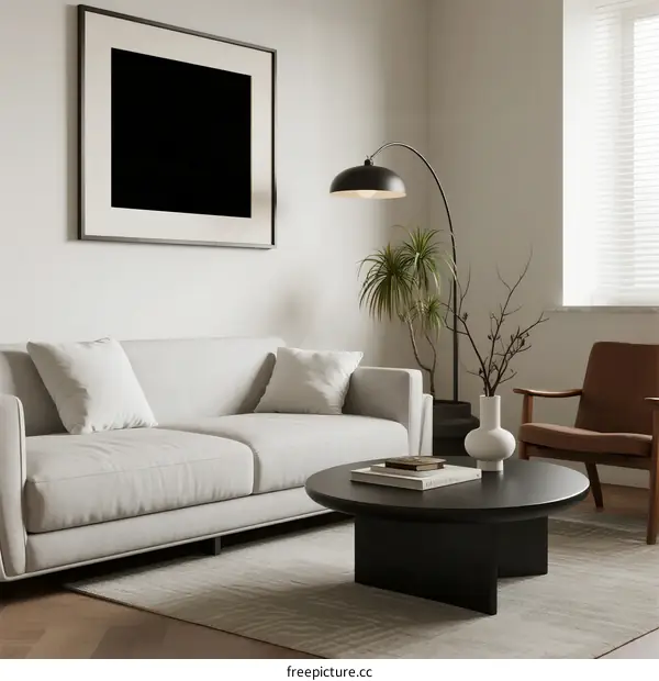 Modern Living Room with Light Sofa and Black Coffee Table