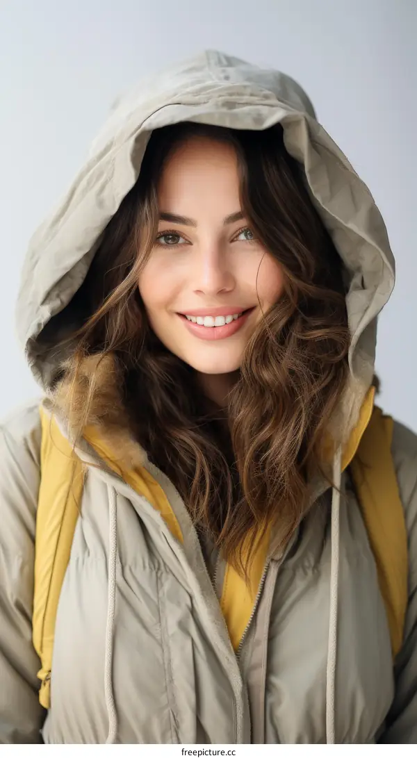 Smiling young woman in a beige jacket with a yellow backpack