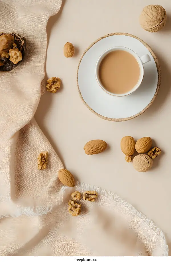 Minimalist Flat Lay with Coffee Cup, Almonds and Walnuts on Beige Background