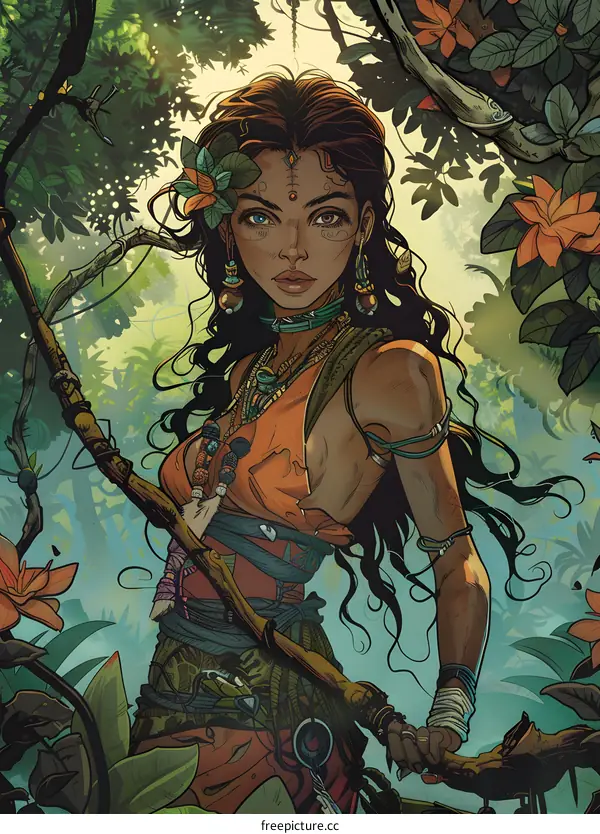 Woman In Jungle With Blue Eyes And Long Hair