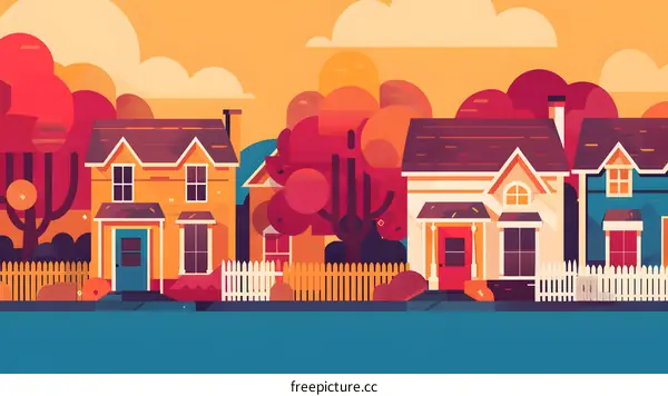 Autumn  House  Illustration  Fence  Sky