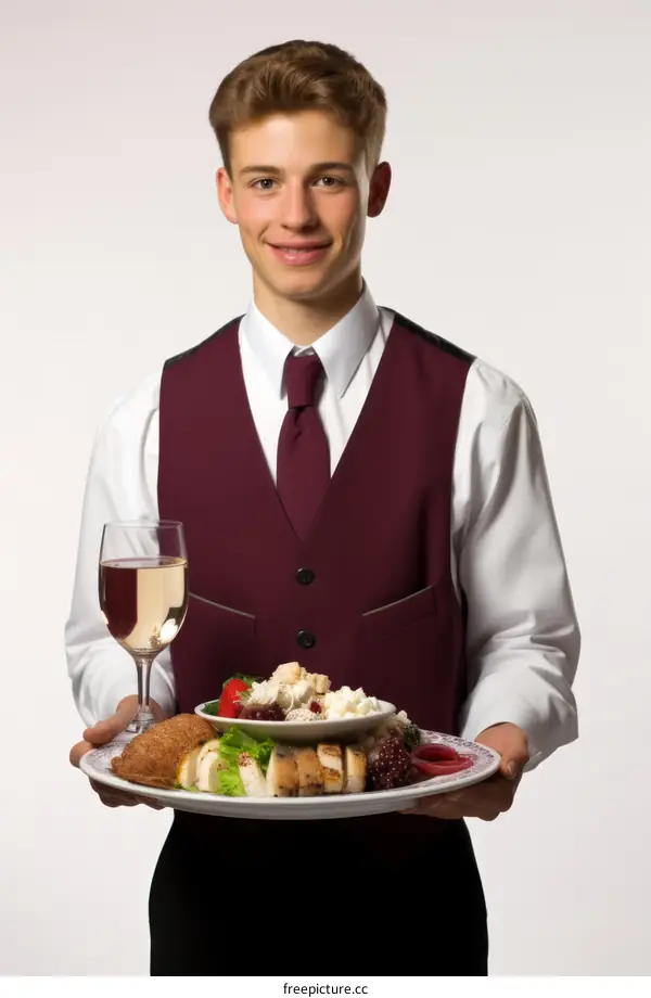 Young waiter with a plate of food and a glass of wine