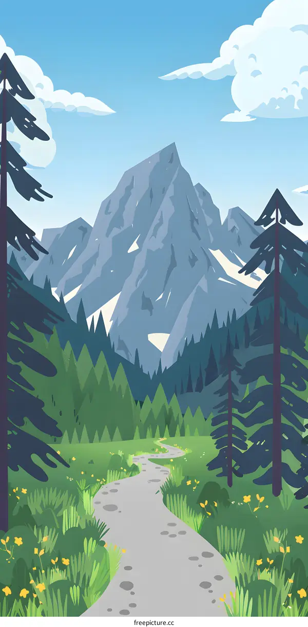 Winding Path Through Green Forest And Mountains Landscape Illustration