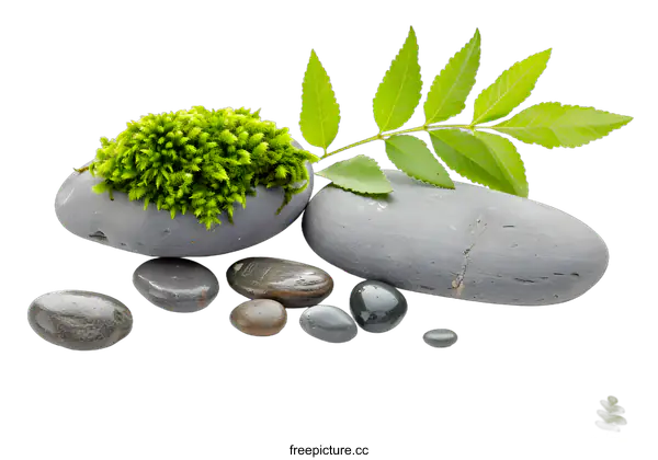 [Transparent Background PNG]Green Leaf and Gray Stones Spa Decoration