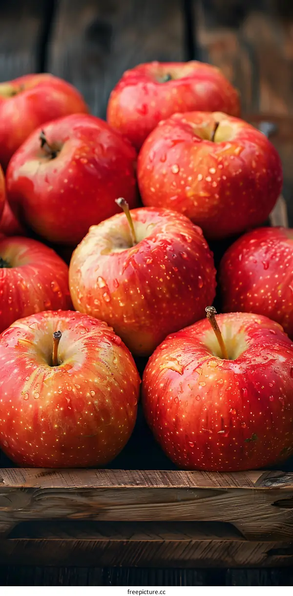 red apples with water drops on a wooden table