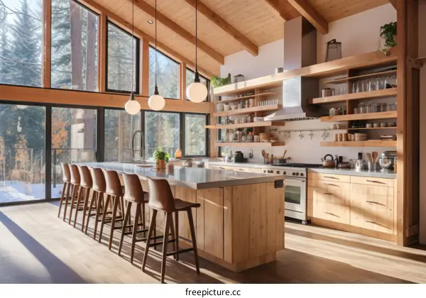 kitchen island with seating and shelves with decorations