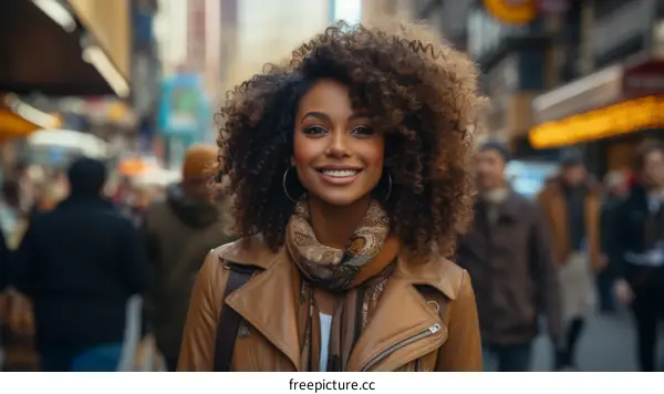 portrait of a smiling woman with curly hair wearing a brown leather jacket and scarf