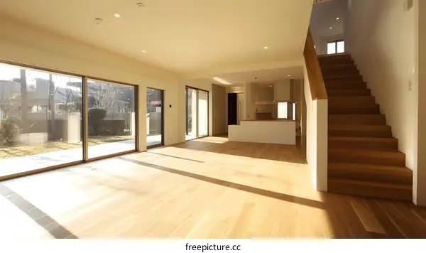 Modern Minimalist Home Interior Design With Wooden Staircase And Large Windows