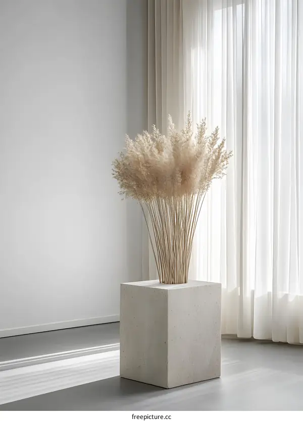 Minimalist Interior Design with Dried Pampas Grass in a Concrete Pot