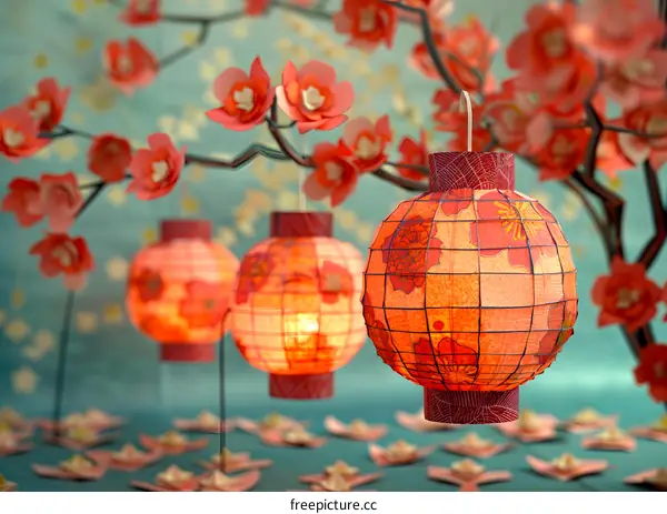 Red Chinese Lanterns with Peach Blossoms