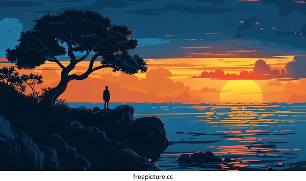 Silhouette of a Man Standing on a Cliff at Sunset