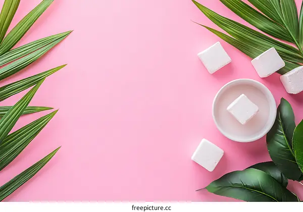 Pink Background with Green Leaves and White Bath Bombs