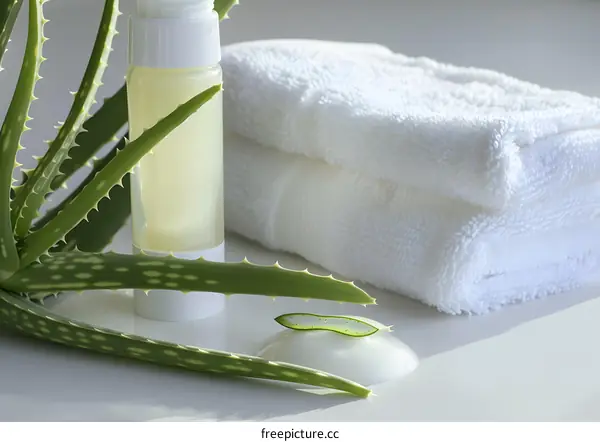 Aloe Vera Gel and Towel on White Surface