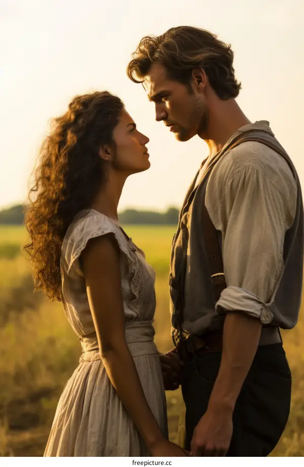 A man and a woman standing in a field, looking at each other with love in their eyes