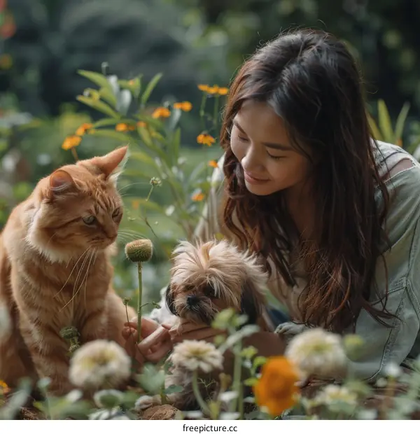 A young woman is sitting in a garden with a cat and a dog