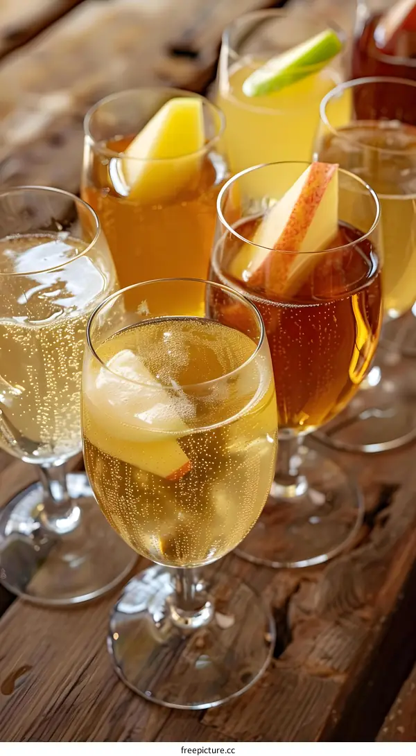 Sparkling Apple Cider Drinks in Glasses on Wooden Surface