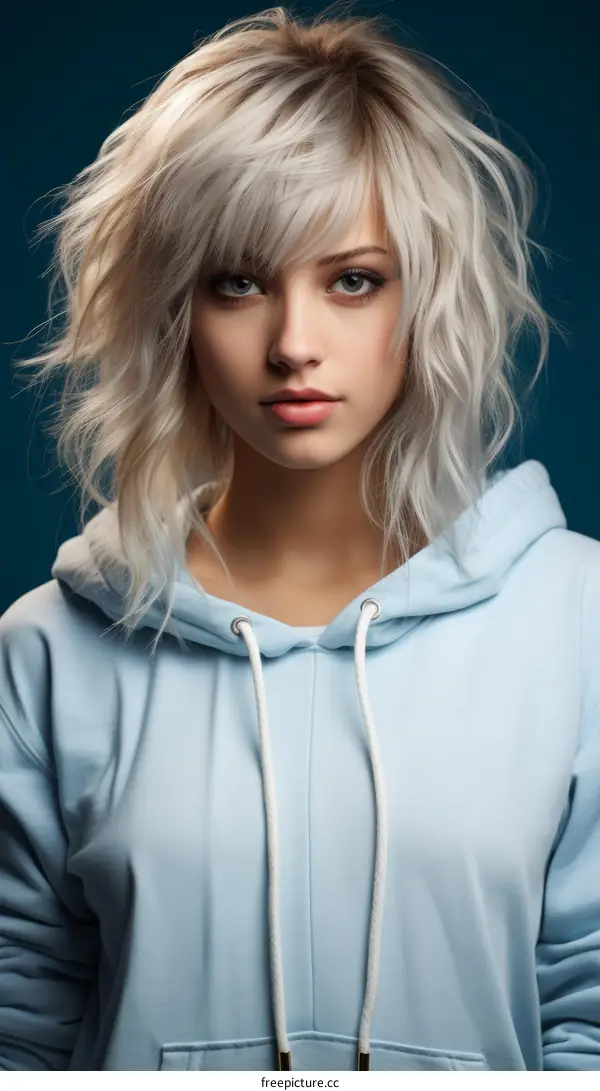 Close-up portrait of a beautiful blonde woman with blue eyes