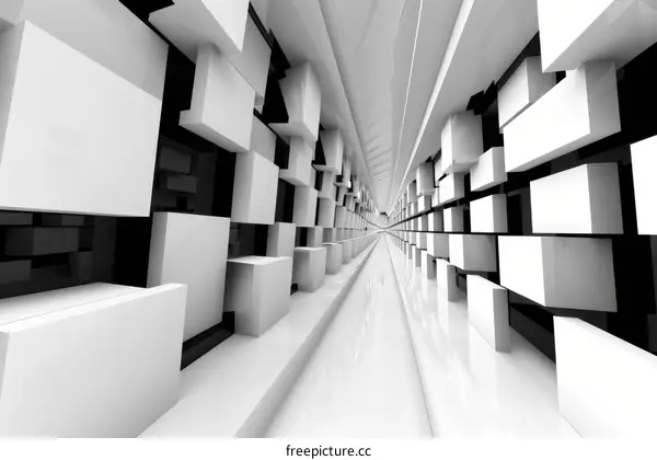 Black and white geometric shapes form a futuristic tunnel