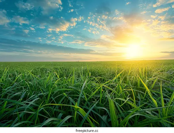 Sunset over a lush green grassy field